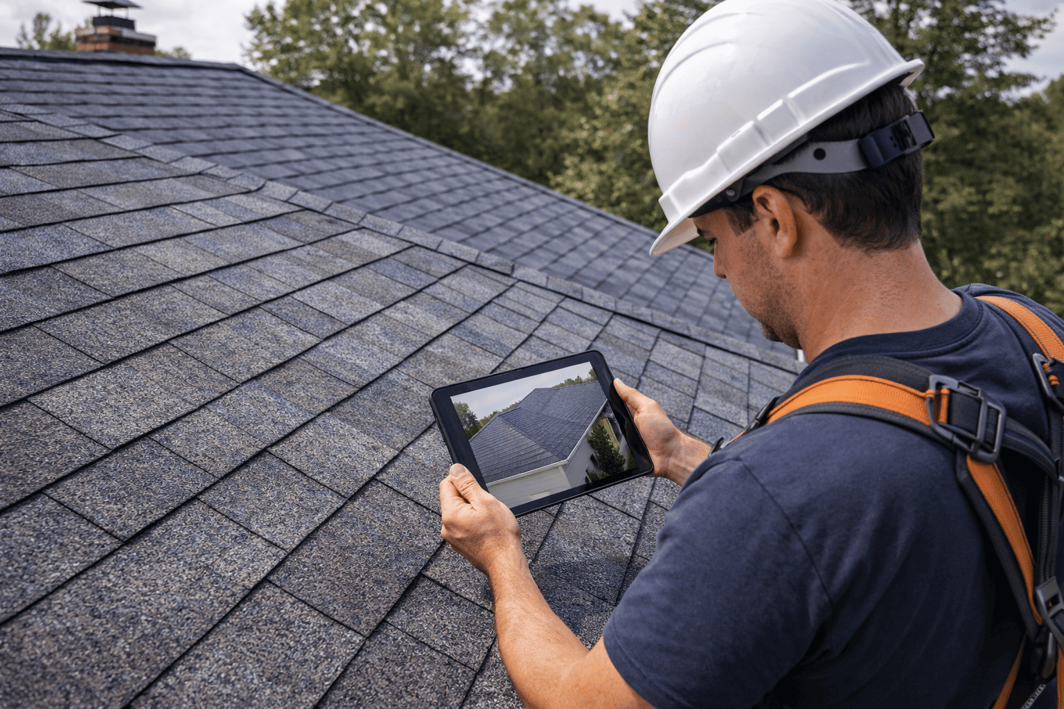 Bluebeam Group roof inspector using digital tablet for professional roof inspection and assessment in Orange County NJ