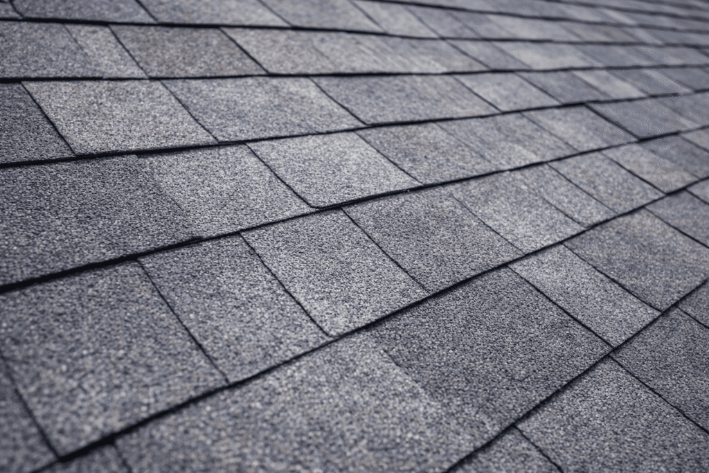Detailed close-up of dark gray architectural roof shingles texture installed by Bluebeam Group in Orange County NJ