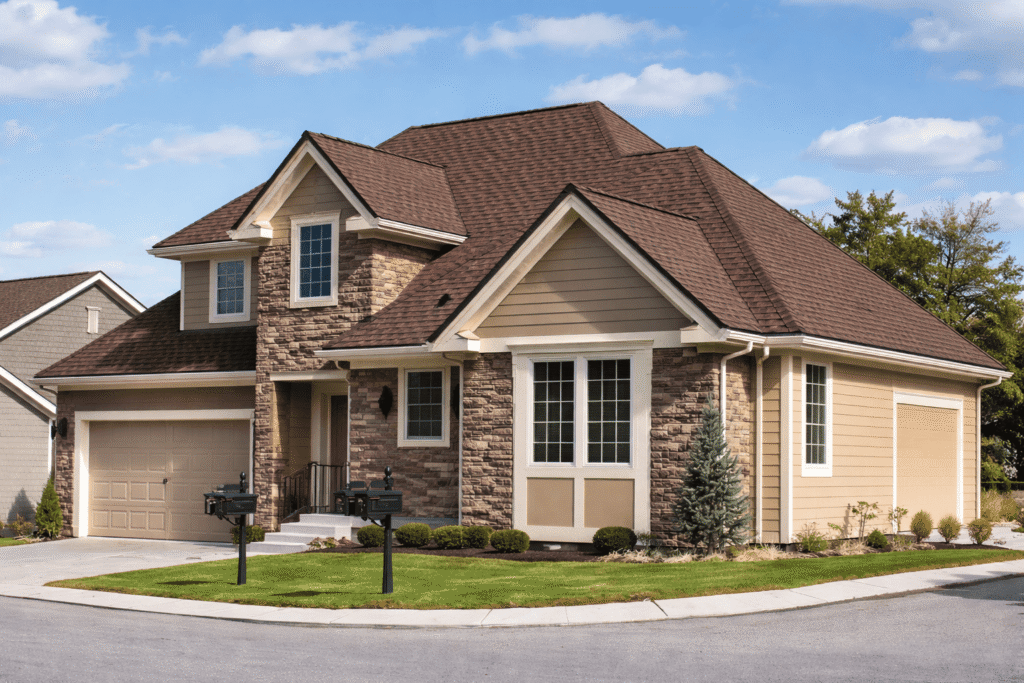 Luxury two-story home with brown shingle roof and double garage roofing project by Bluebeam Group in Orange County NJ