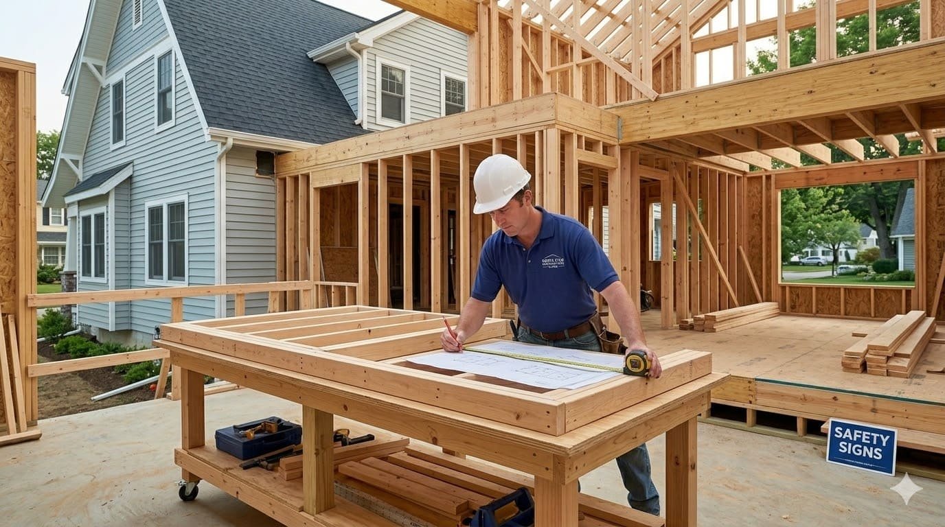 Bluebeam Group roofing contractor reviewing construction blueprints at a job site in Orange County NJ