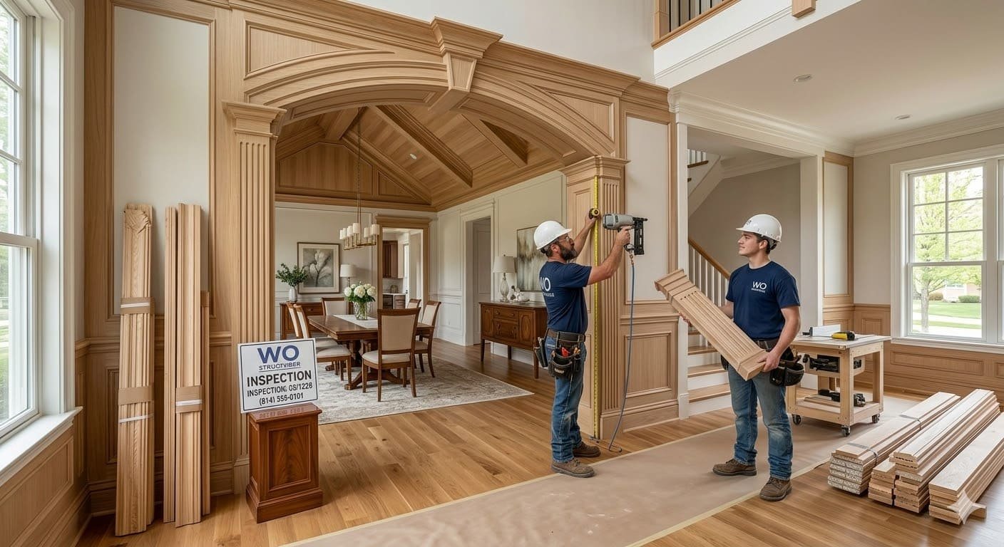 Bluebeam Group workers carrying wood framing materials inside a residential home renovation in Orange County NJ