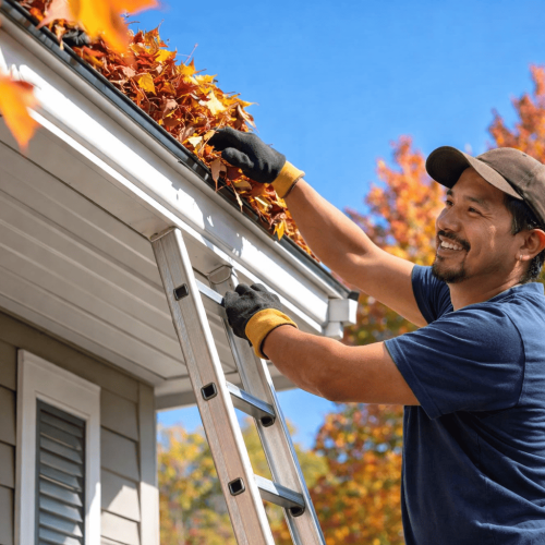 Bluebeam Group technician cleaning fall leaves from roof gutters seasonal maintenance service in Orange County NJ