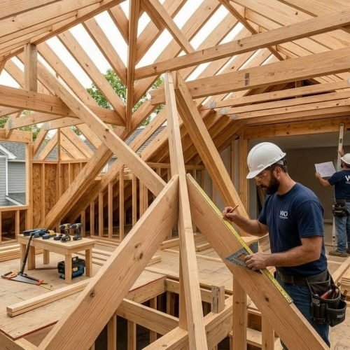 Bluebeam Group roofing professionals assembling roof beams and rafters on residential project in Orange County NJ