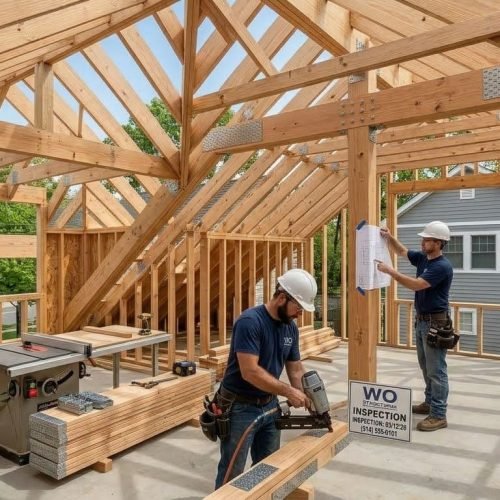 Bluebeam Group expert framers working on open roof structure with precision tools at Orange County NJ construction site