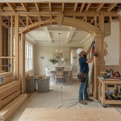 Bluebeam Group roofer drilling framing while supervisor reviews digital plans on tablet at Orange County NJ worksite